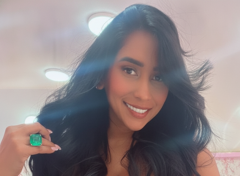 Angela Estrada, founder of Iconica by Angie, wearing a Colombian emerald ring